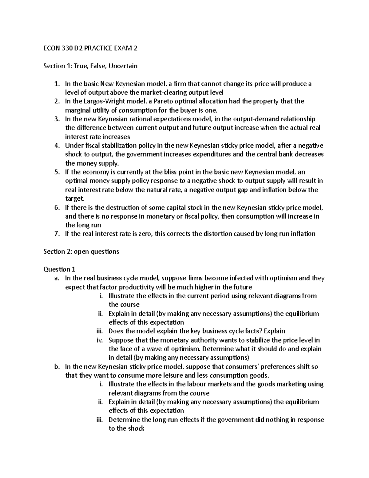 ECON 330 D2 Practice EXAM 2 - ECON 330 D2 PRACTICE EXAM 2 Section 1 ...