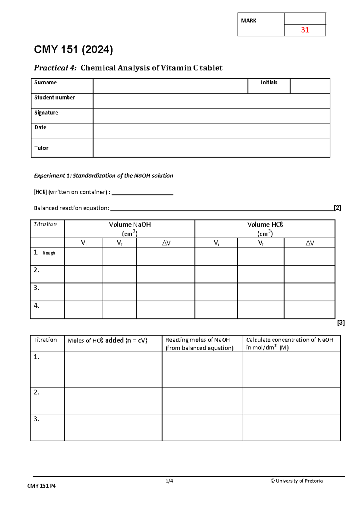 CMY 151 Report Sheet Practical 4 Chemical Analysis of Vit. C Tablets