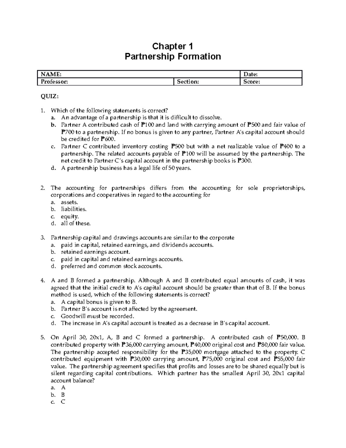 Accounting For Special Transaction Quiz - Chapter 1 Partnership ...