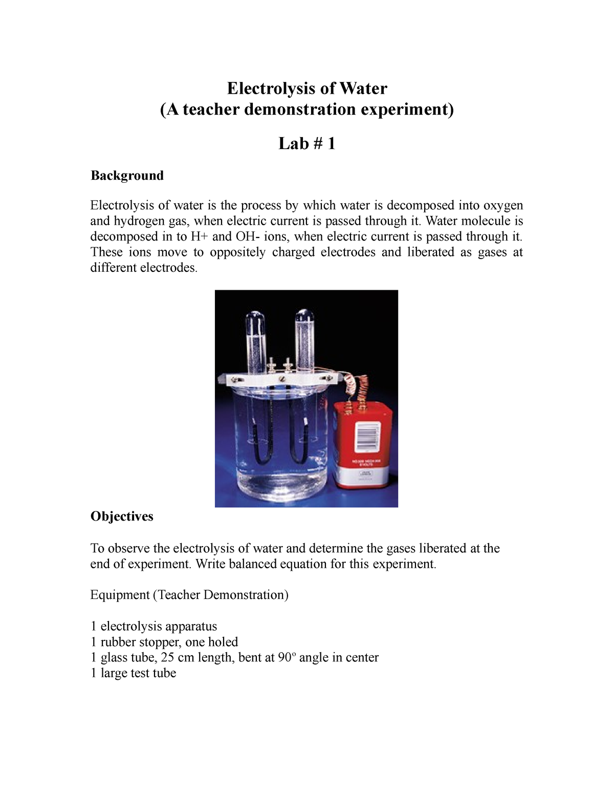 electrolysis of water experiment pdf