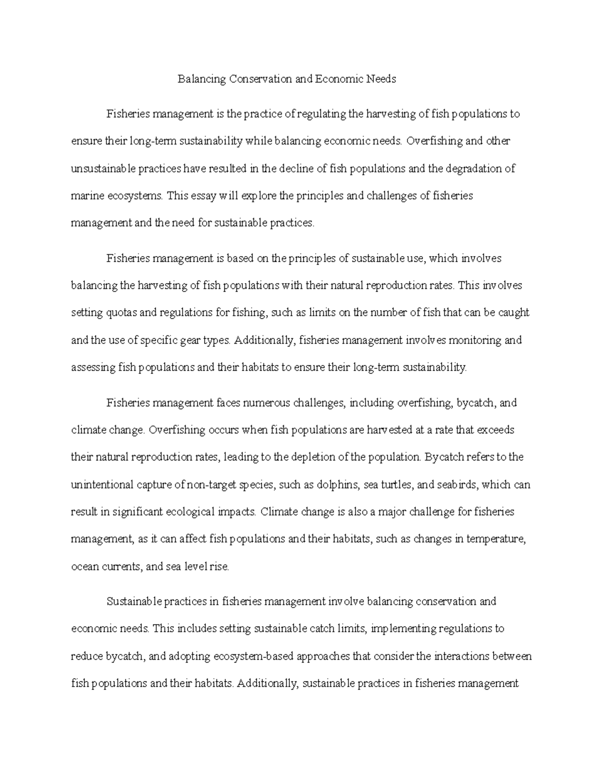 Fisheries Management essay - Balancing Conservation and Economic Needs ...