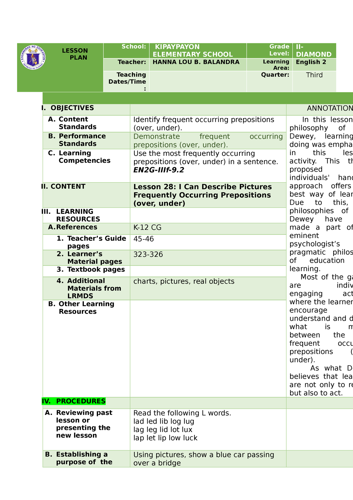 Lesson plan in grade 2 demo english quarter 3 - LESSON PLAN School ...