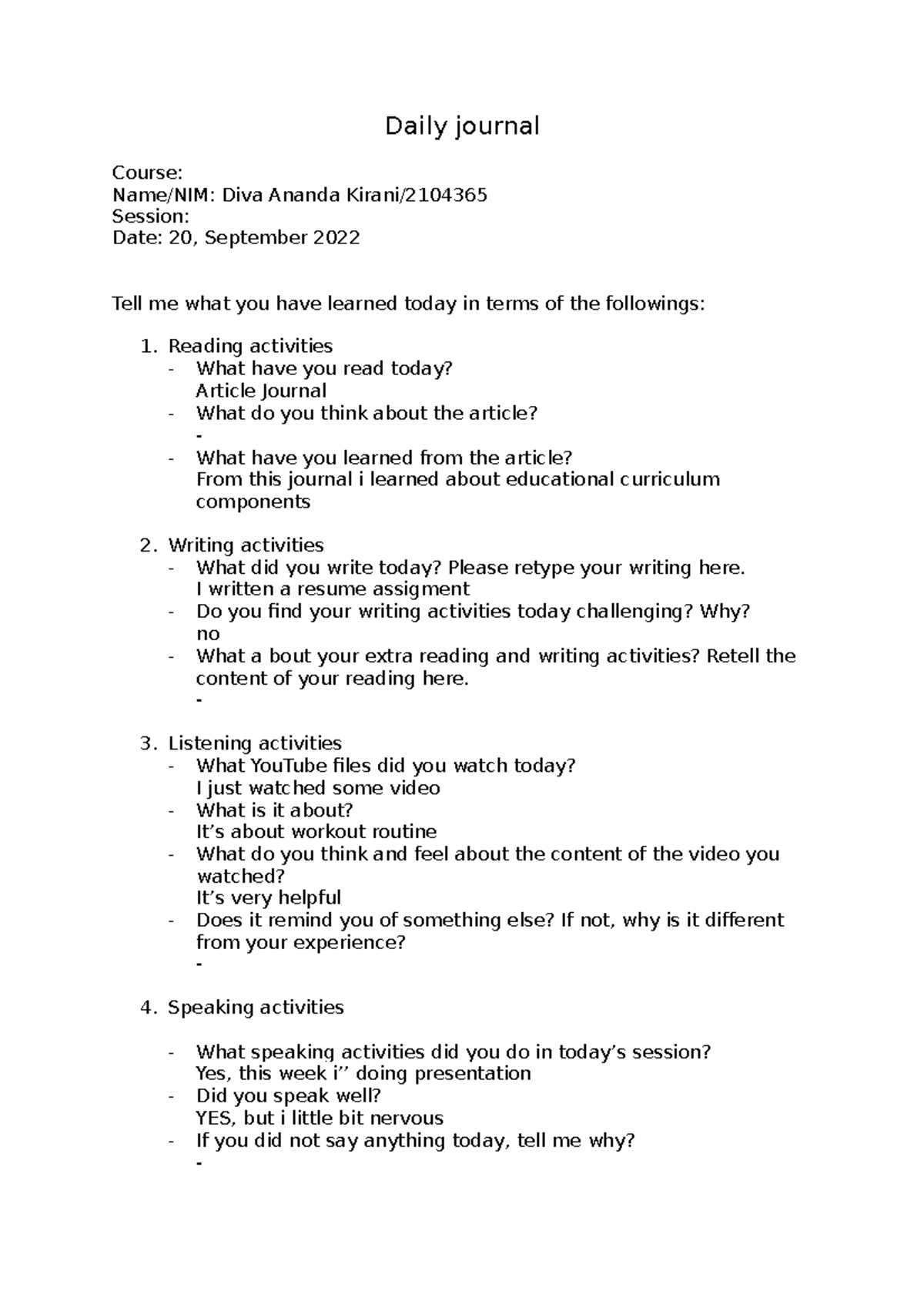 Daily journal at English Course to reflect student's understanding ...