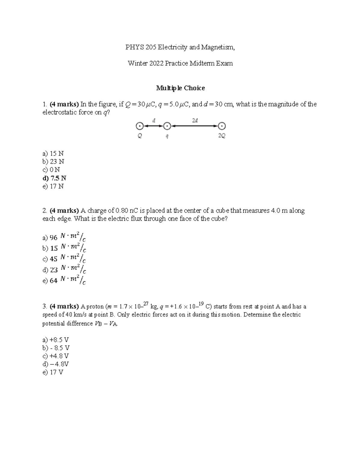 PHYS 205 Midterm Practice - PHYS 205 Electricity and Magnetism, Winter ...