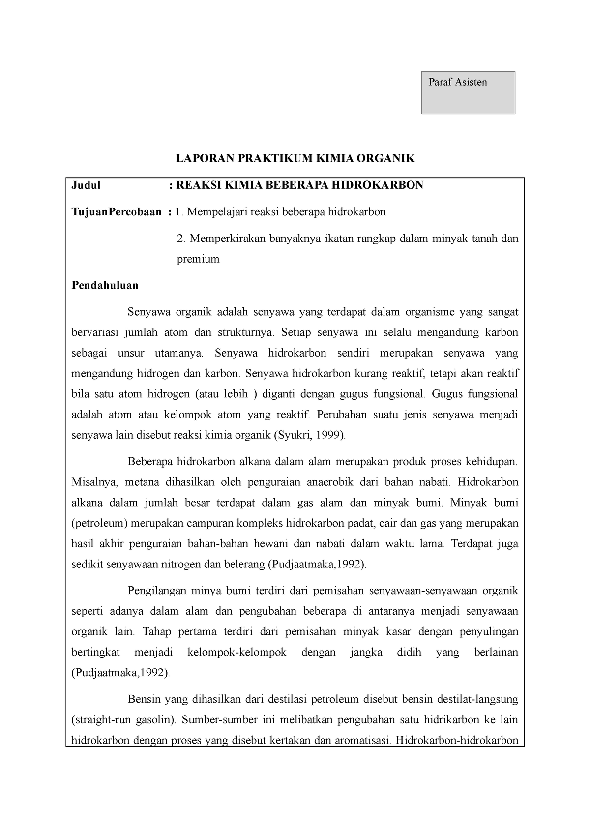 Reaksi Kimia Beberapa Hidrokarbon Laporan Praktikum Kimia Organik