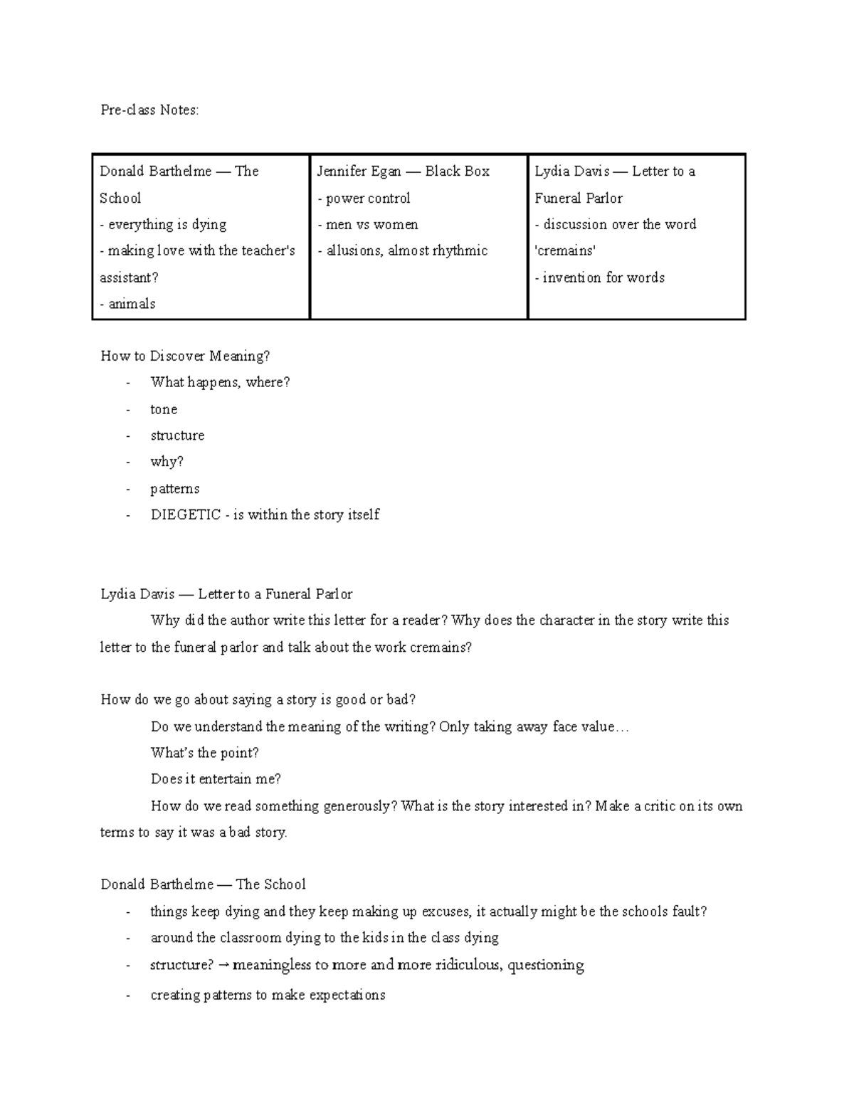 Short Stories “The School”, “Black Box”, “Letter to a Funeral Parlor