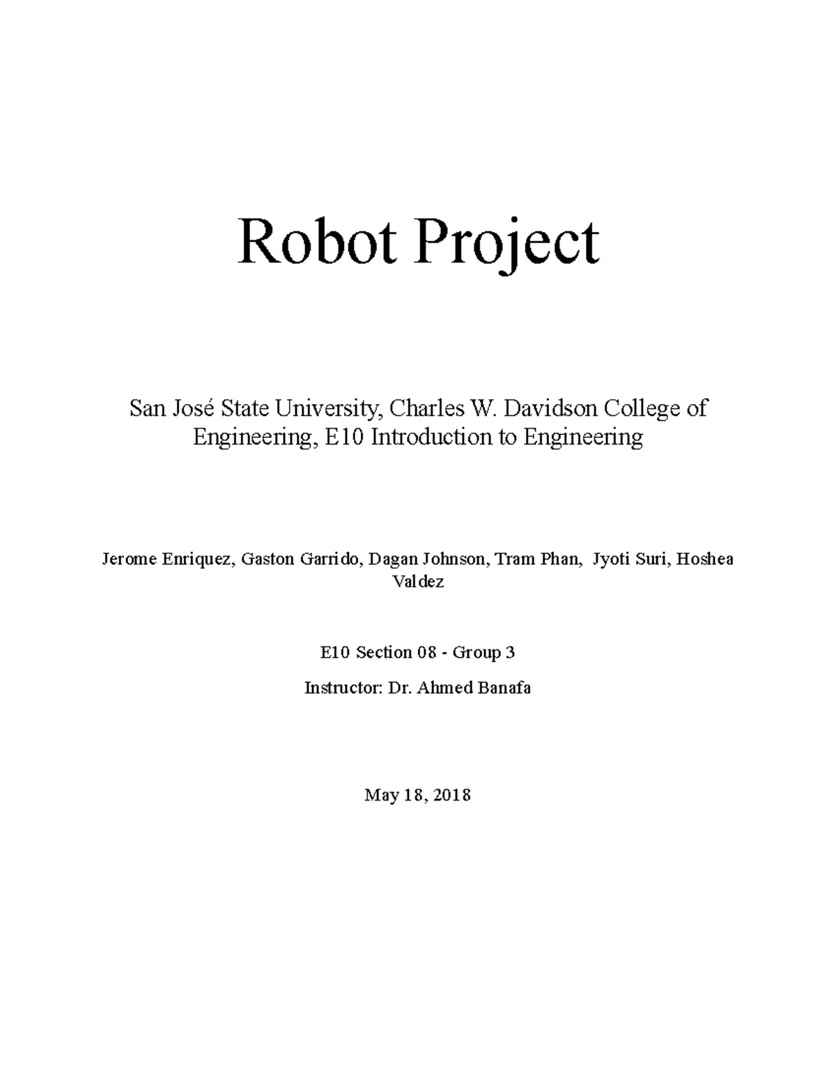 Lab Report Robot Project Grade A+ Robot Project San José State