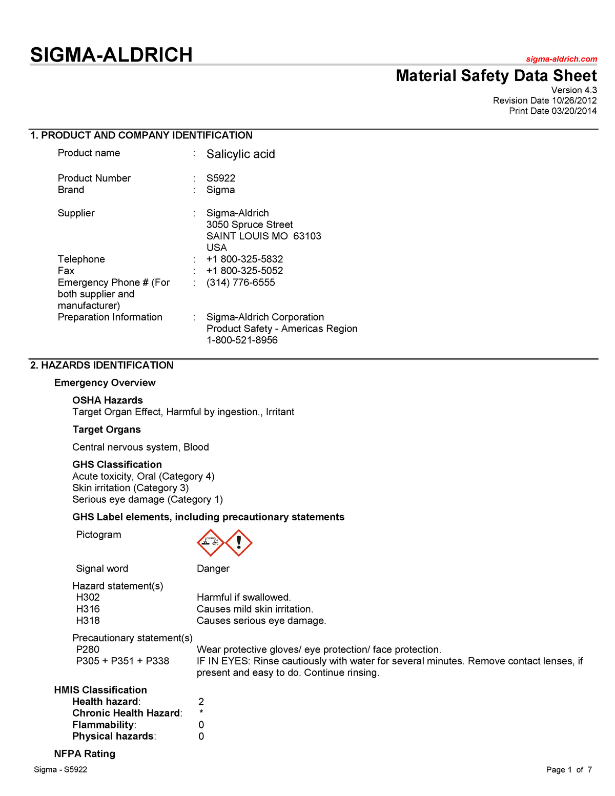 Salicylic acid SIGMAALDRICH sigmaaldrich Material Safety Data Sheet