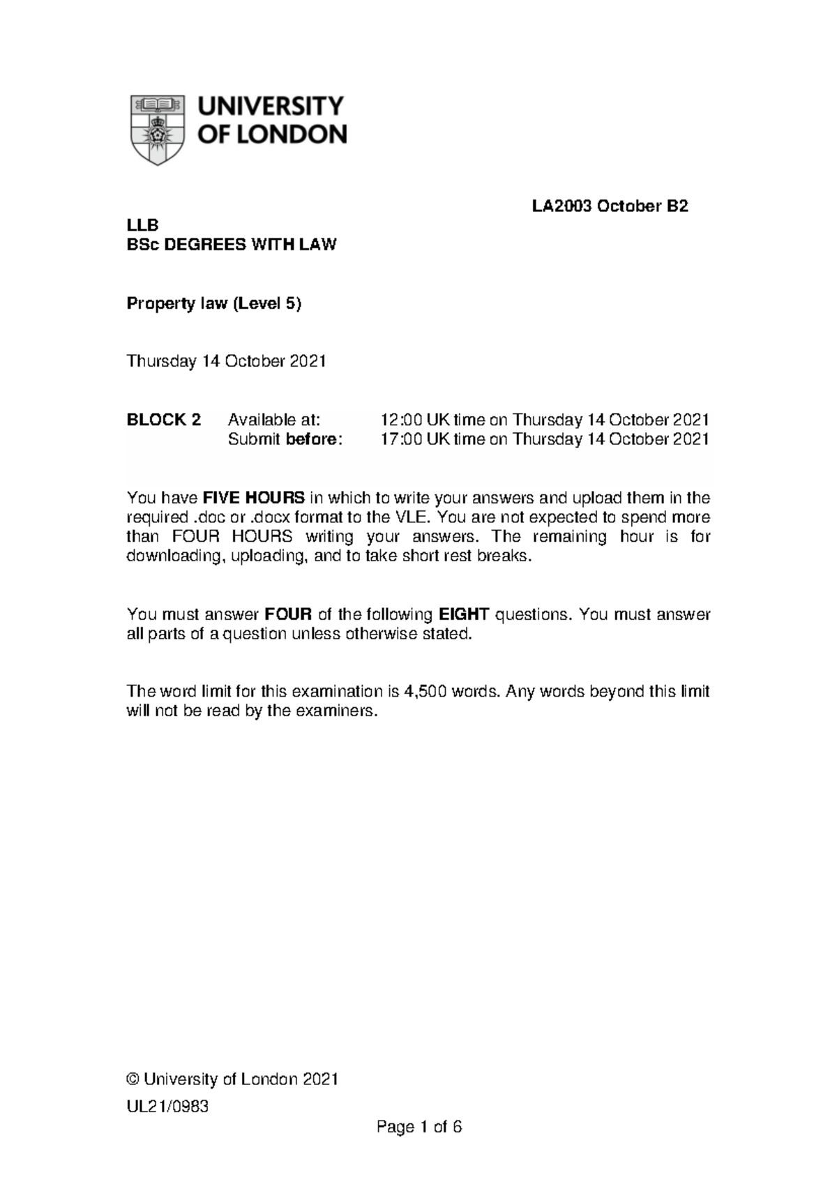 Property L5 exam 2021(Oct) B UL21/ LA2003 October B LLB BSc DEGREES