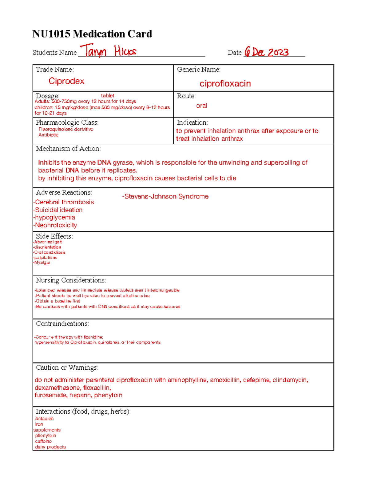 Week 3 Med cards - Students Name ...