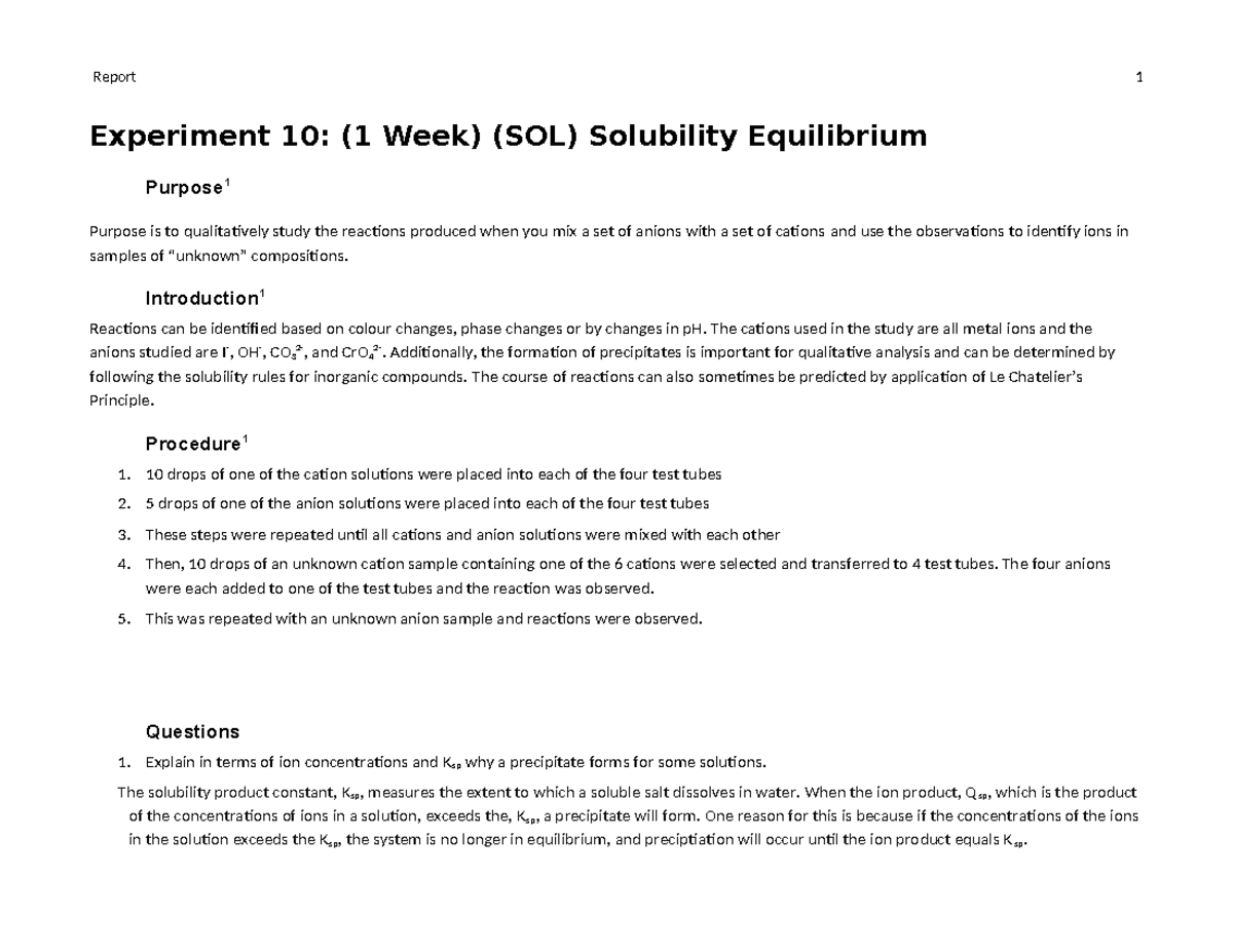 Ionic equilibria Lab - Experiment 10: (1 Week) (SOL) Solubility ...