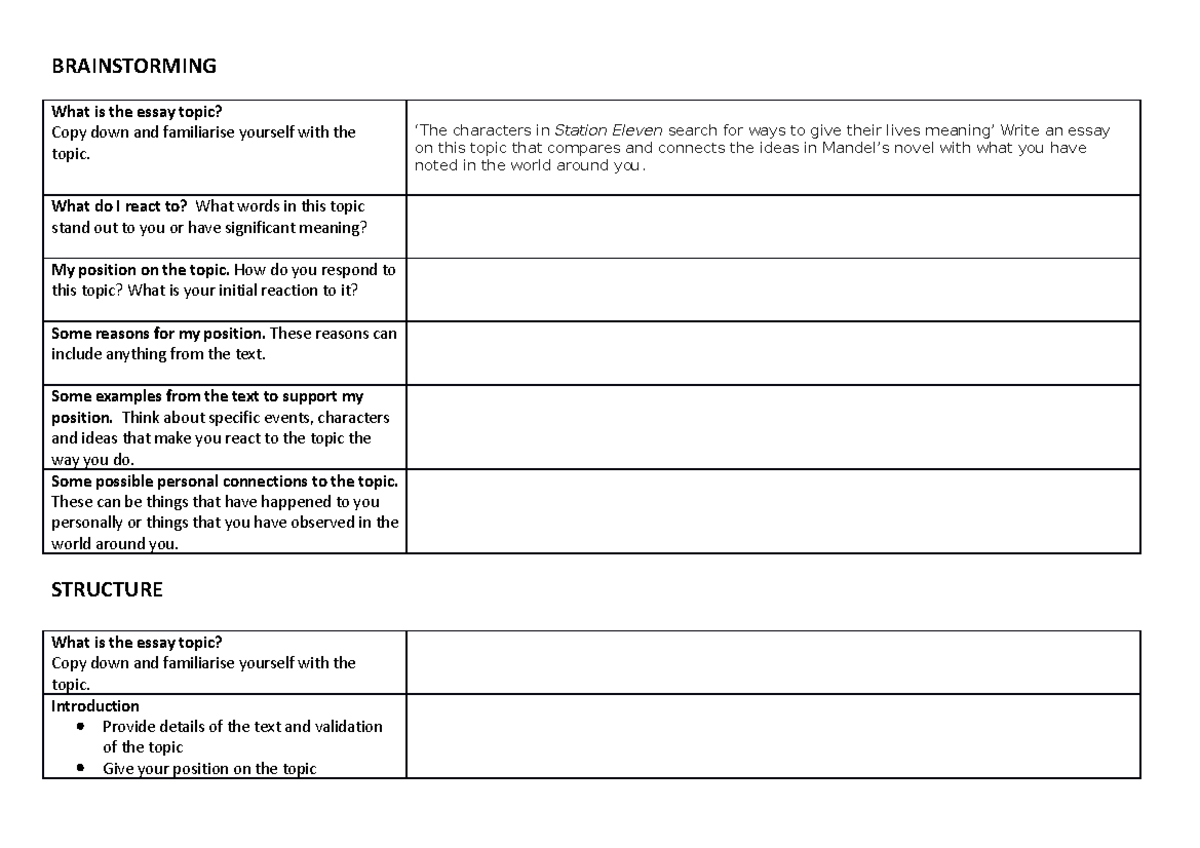 Topic 1 - BRAINSTORMING What is the essay topic? Copy down and ...