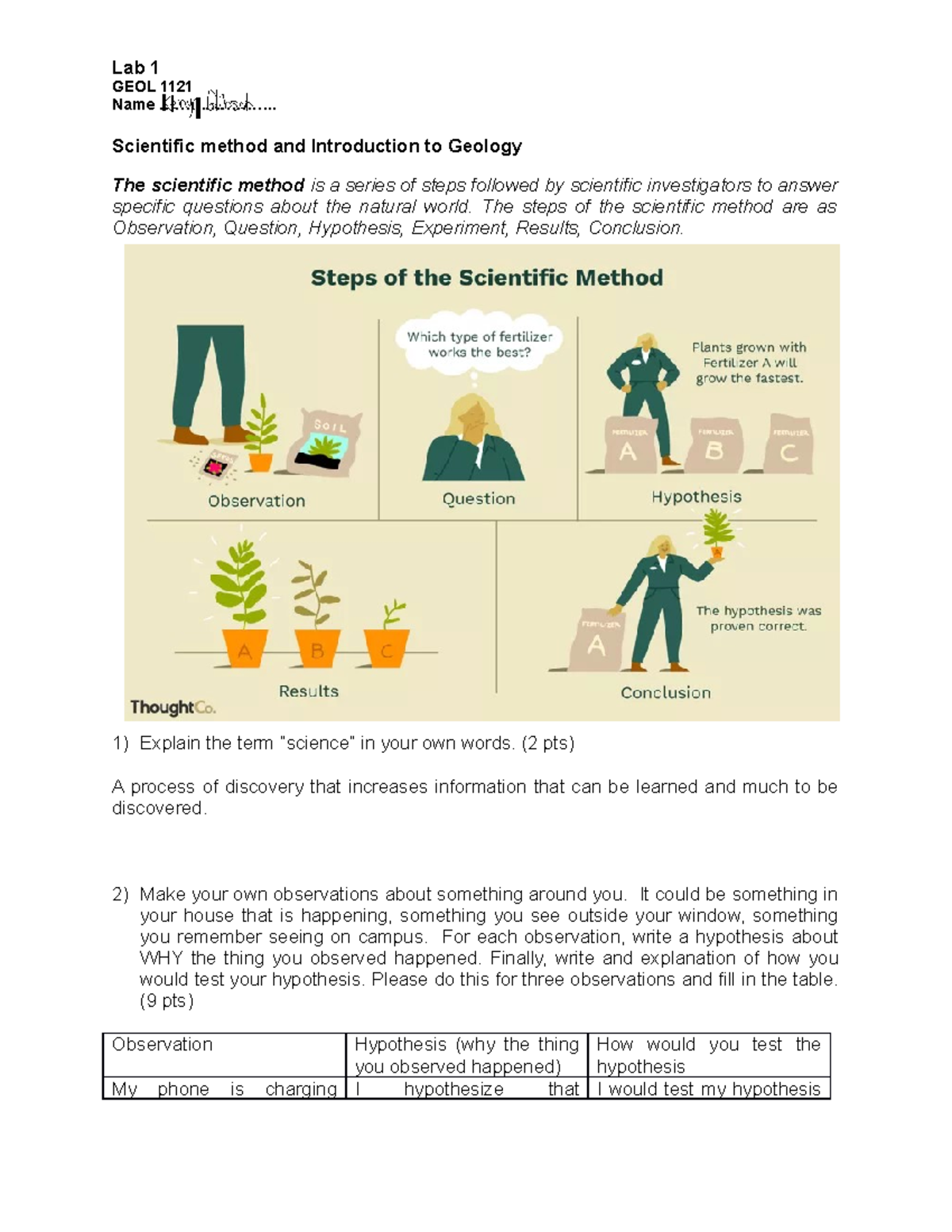 Lab1 - Scientific Method - Lab 1 GEOL 1121 Name ...