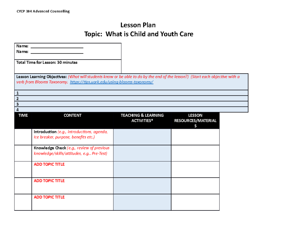 Lesson Plan Template CYCP 304 Advanced Counselling Lesson Plan Topic   Thumb 1200 927 