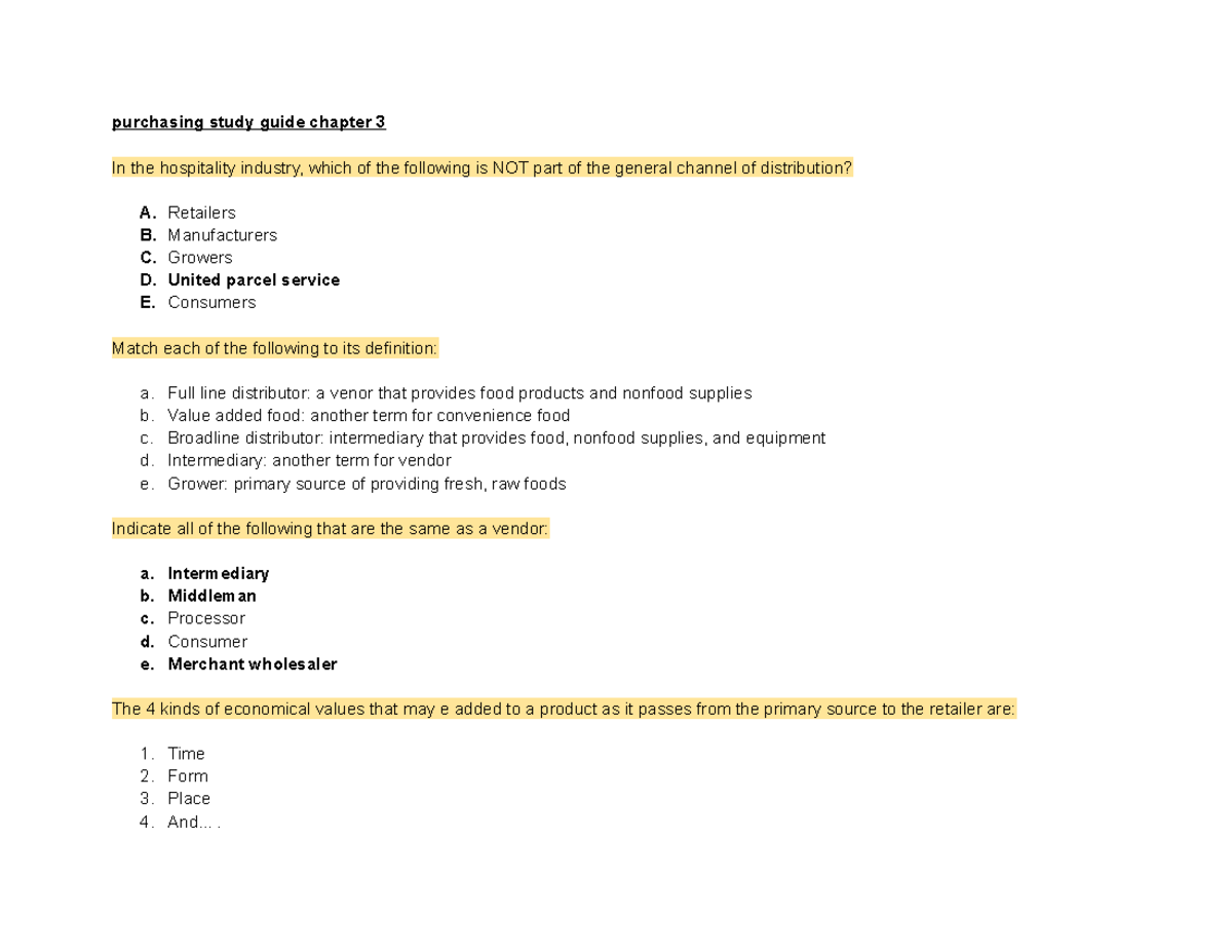 Purchasing Study Guide Chapter 3 - Retailers B. Manufacturers C ...