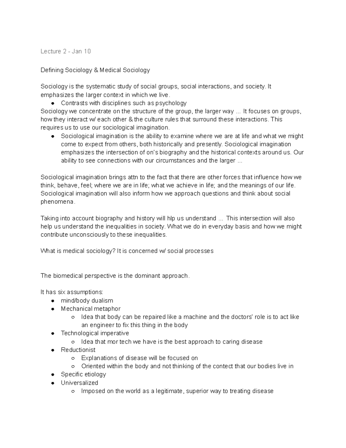 SOCI225 Lectures Lecture 2 Jan 10 Defining Sociology & Medical