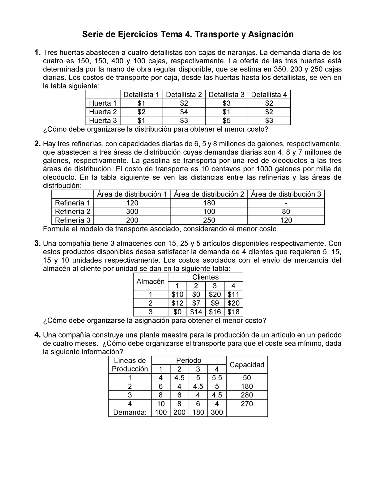 Serie De Ejercicios Tema 4 Transporte Y Asignacion Serie De