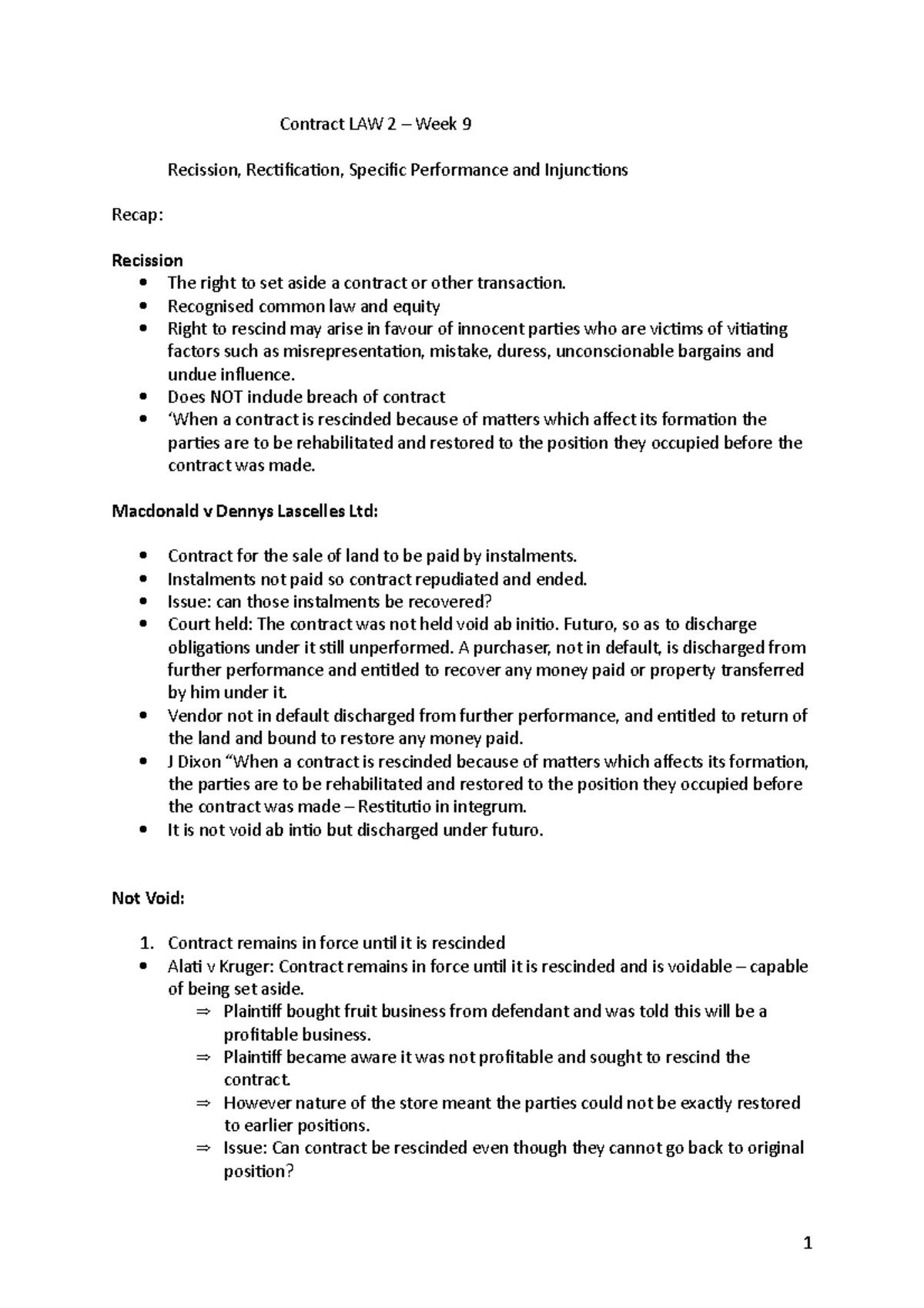 Contract LAW 2 Week 9 Notes Contract LAW 2 Week 9 Recission