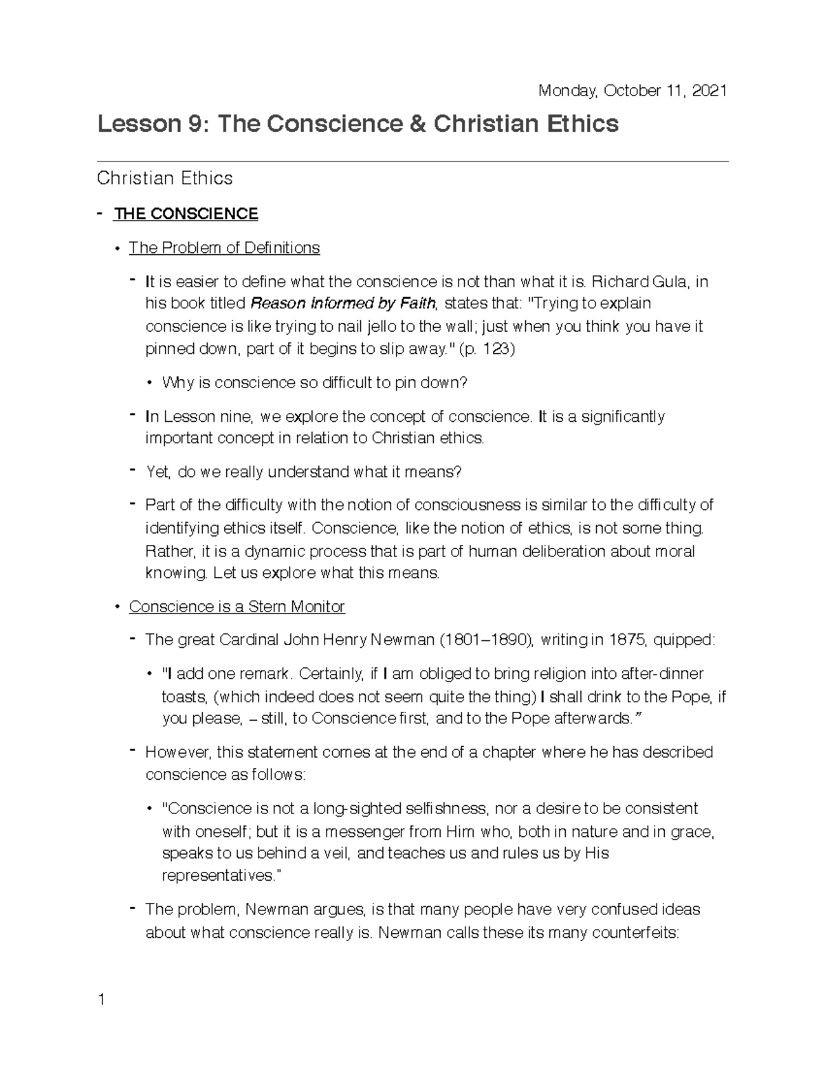 Lesson 9 The Conscience Christian Ethics - THEO204 - Concordia - Studocu