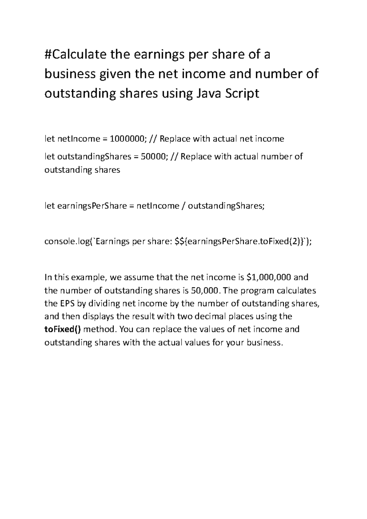 and number of outstanding shares using java script Calculate