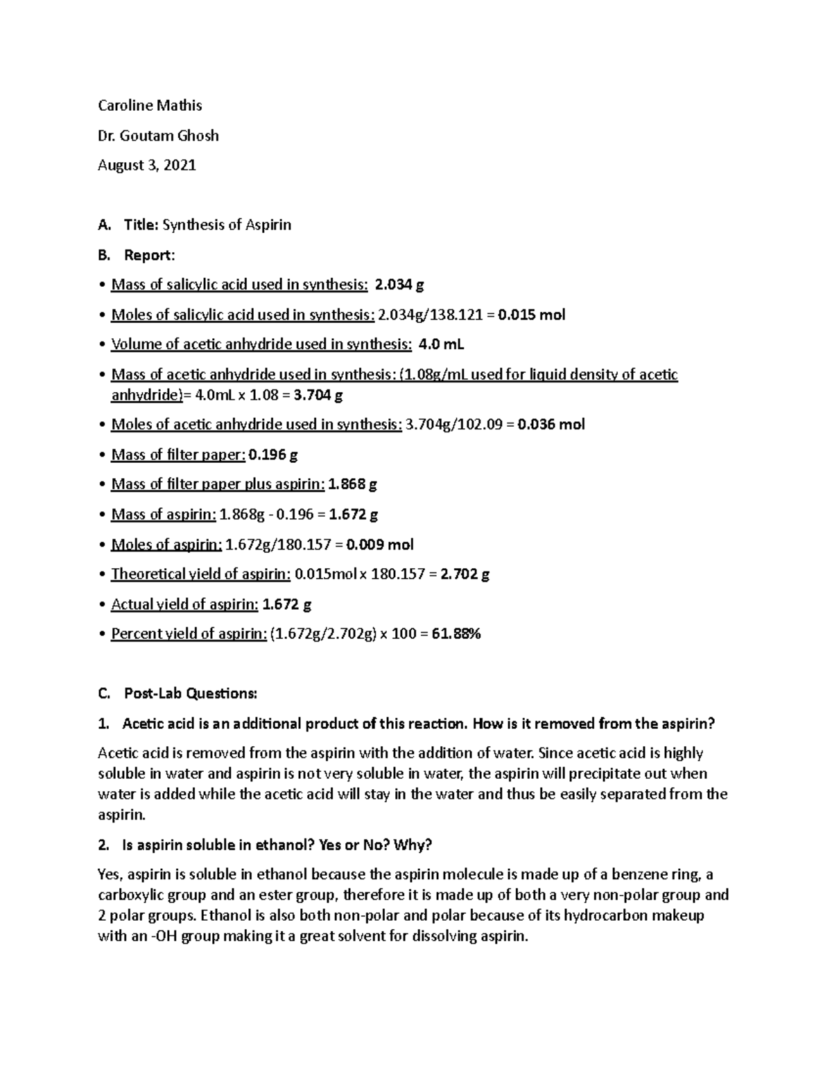 lab report on the synthesis of aspirin