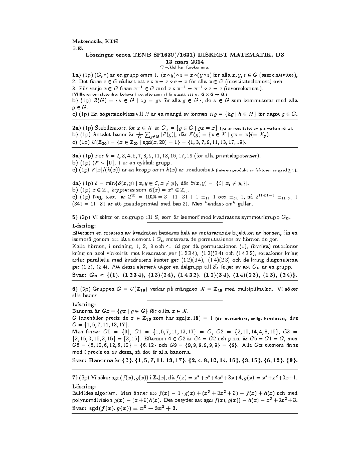 Discrete Mathematics Sf16 Losningar 14 03 13 Matematik Kth B Ek L Osningar Tenta Tenb Studocu