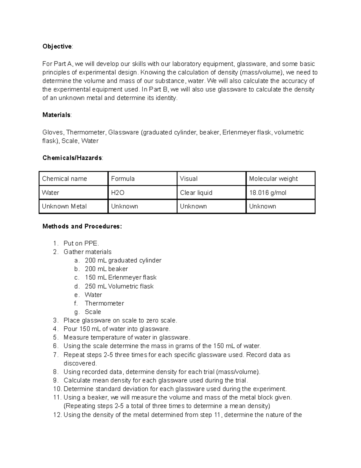 Module 1 Prelab: Glassware and Measurements - Objective : For Part A ...