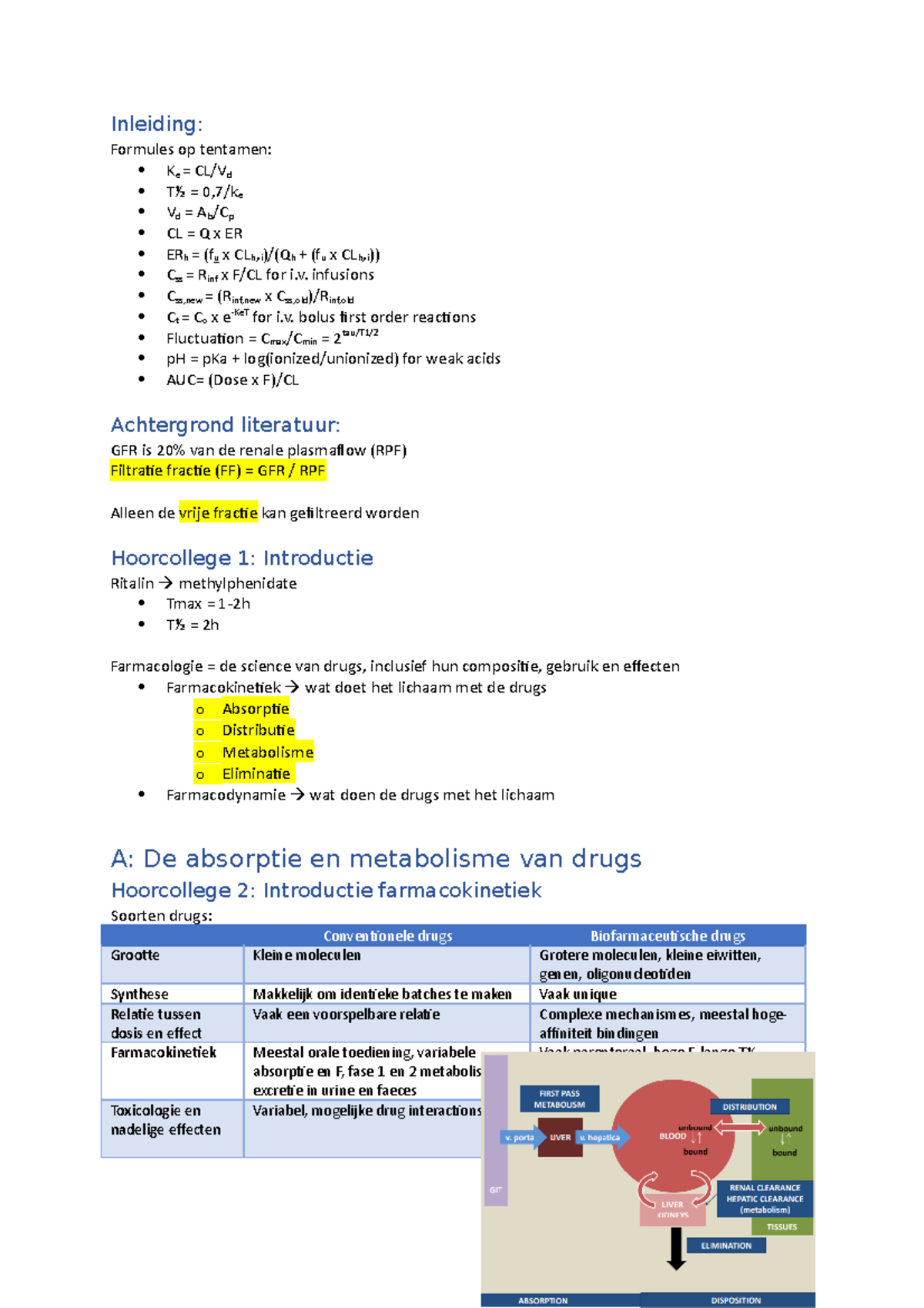 Samenvatting topic 1 farmacokinetiek - Inleiding: Formules op tentamen ...
