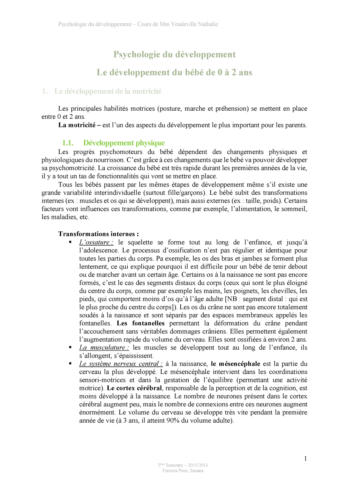 Psychologie Du Développement Psychologie Du Développement Cours De Mm Vendeville Nathalie 