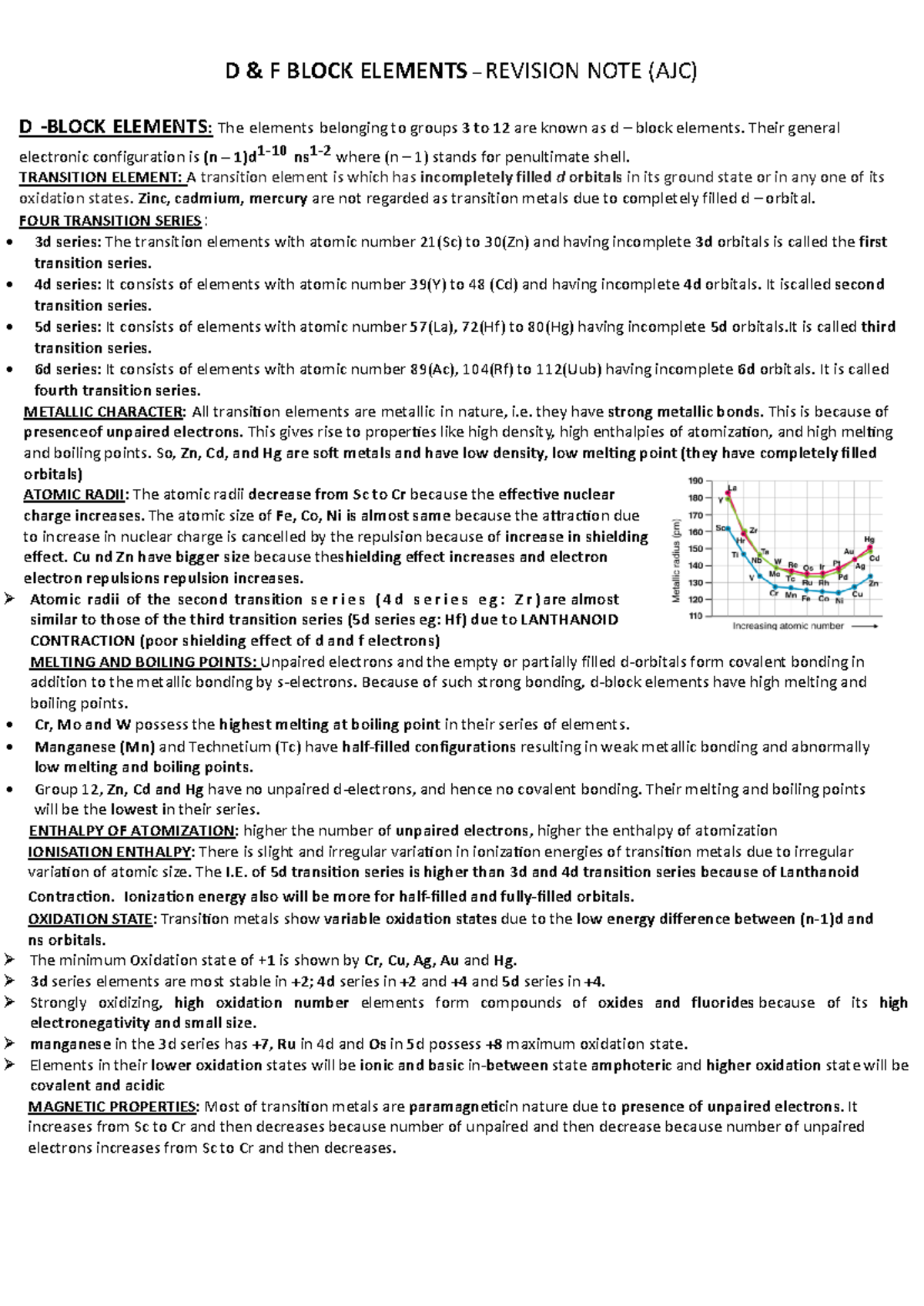 D&F revision note Final - D - BLOCK ELEMENTS: The elements belonging to ...