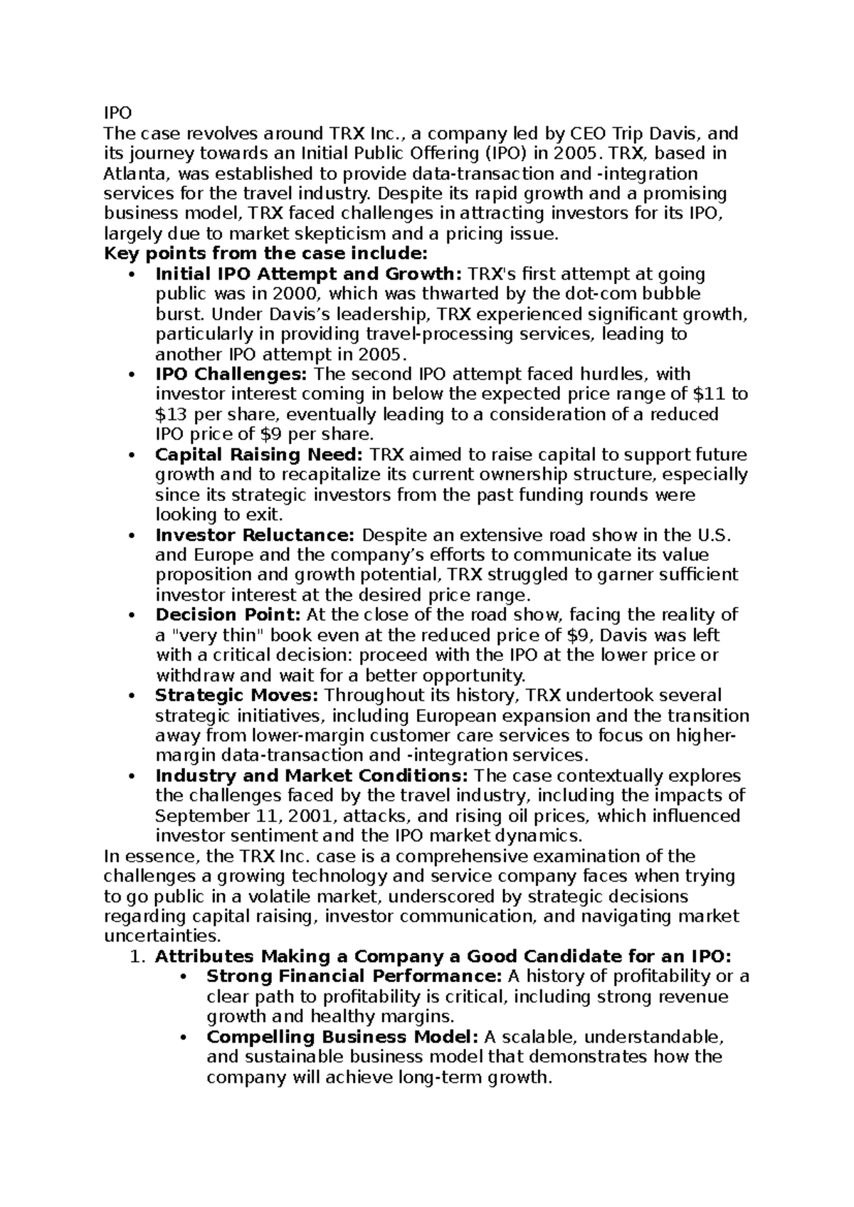 Case study -IPO - IPO The case revolves around TRX Inc., a company led ...