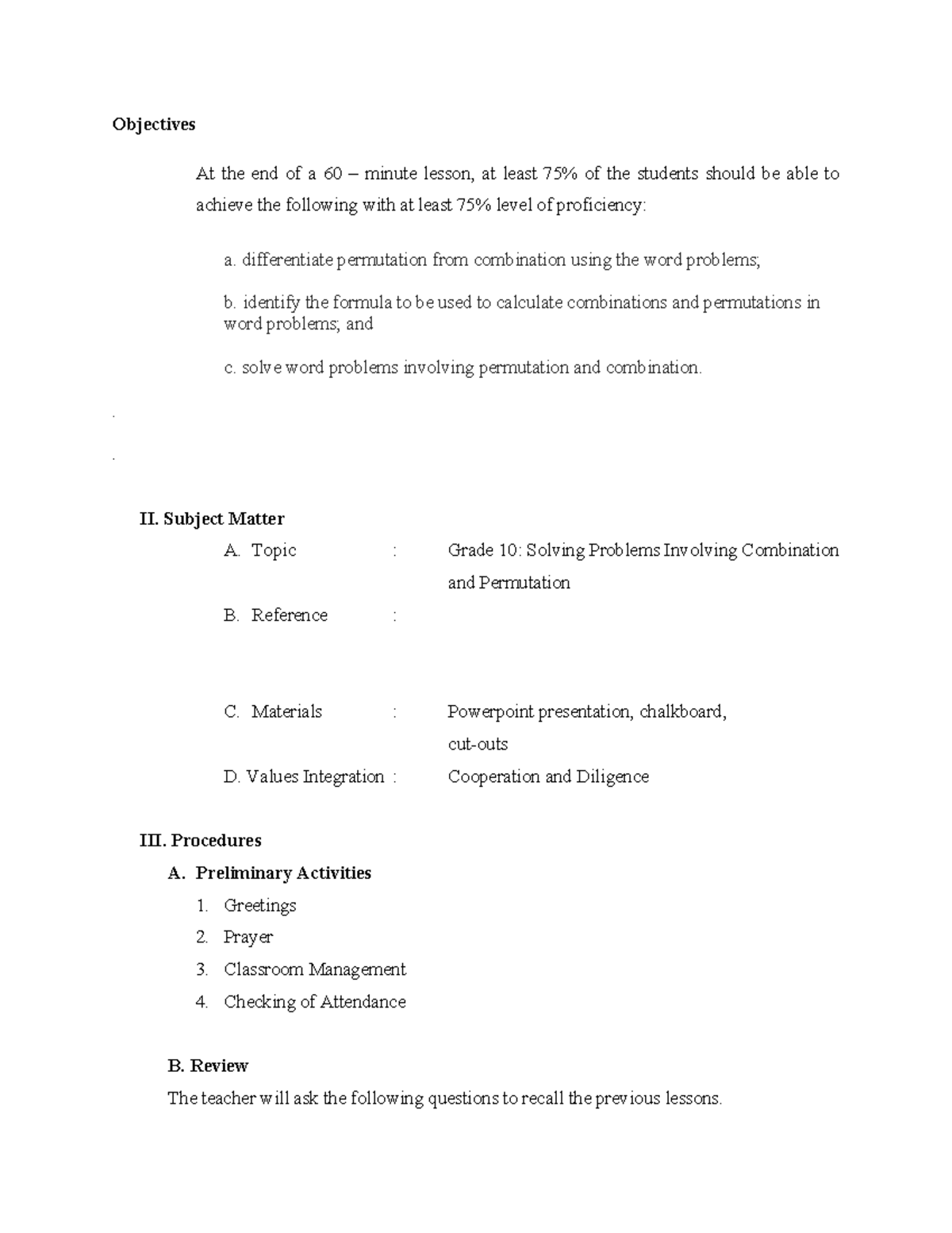 SEMI Detailed Lesson PLAN ON Combination AND Permutation Objectives
