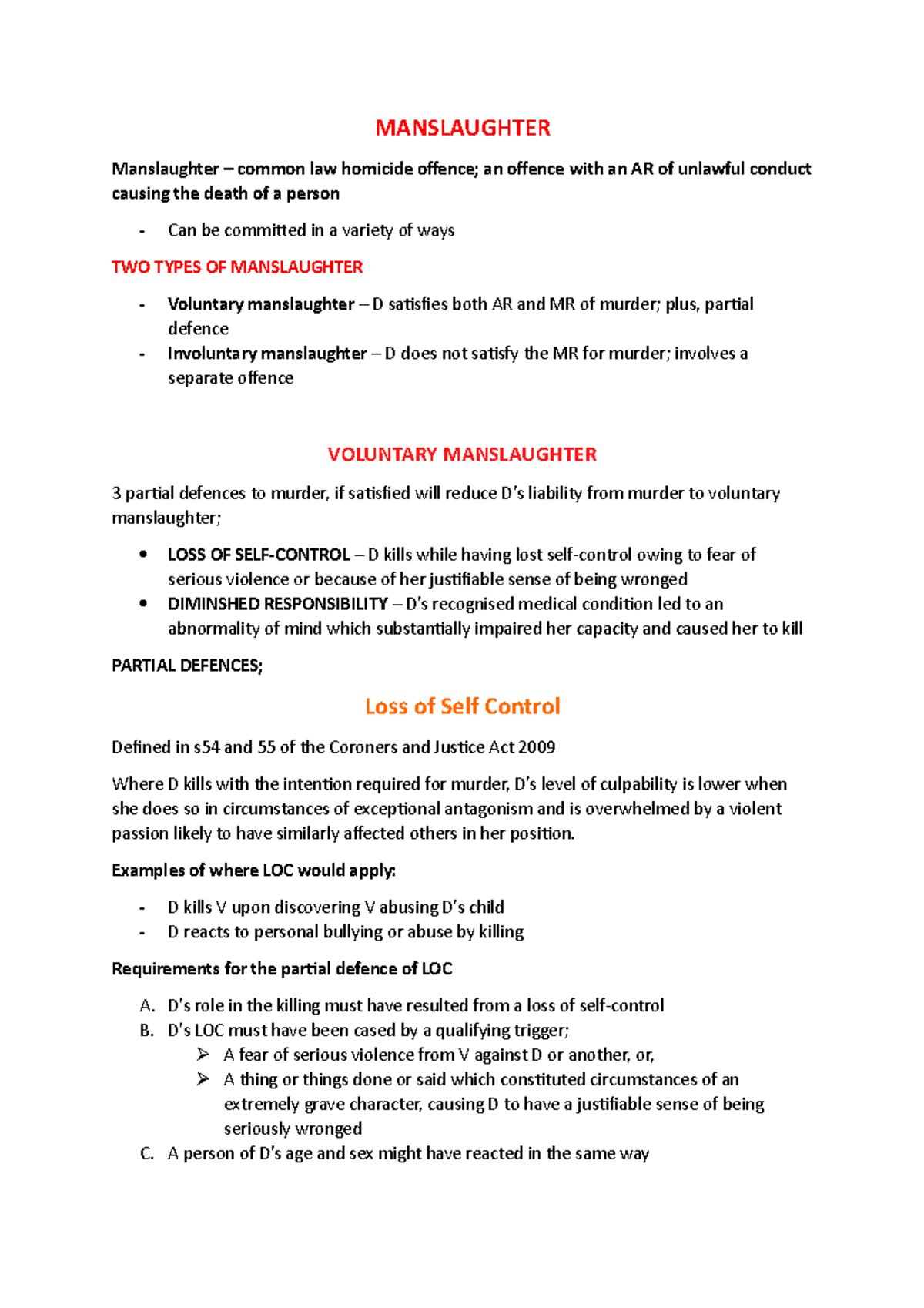 Criminal law notes - MANSLAUGHTER Manslaughter – common law homicide ...