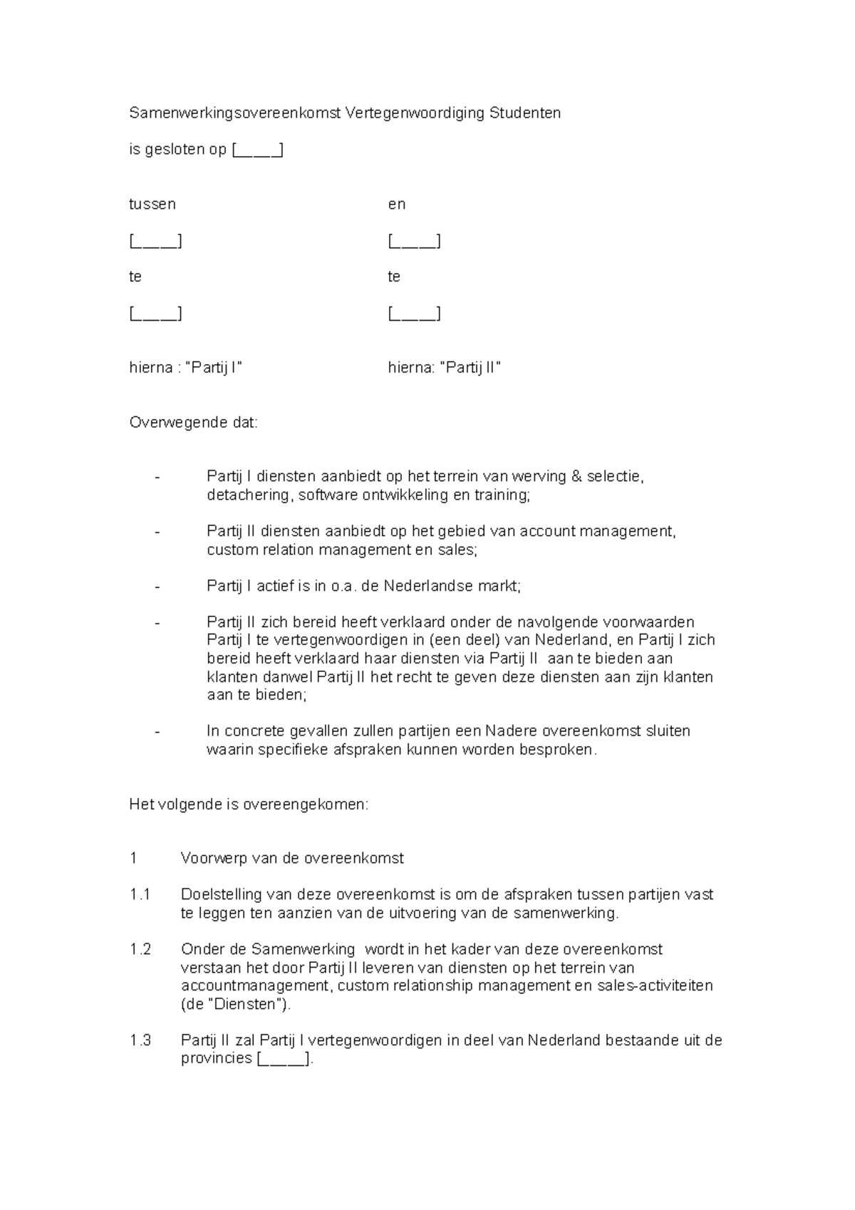 Samenwerkingsovereenkomst Voor Studenten Die Samen Gaan Werken ...