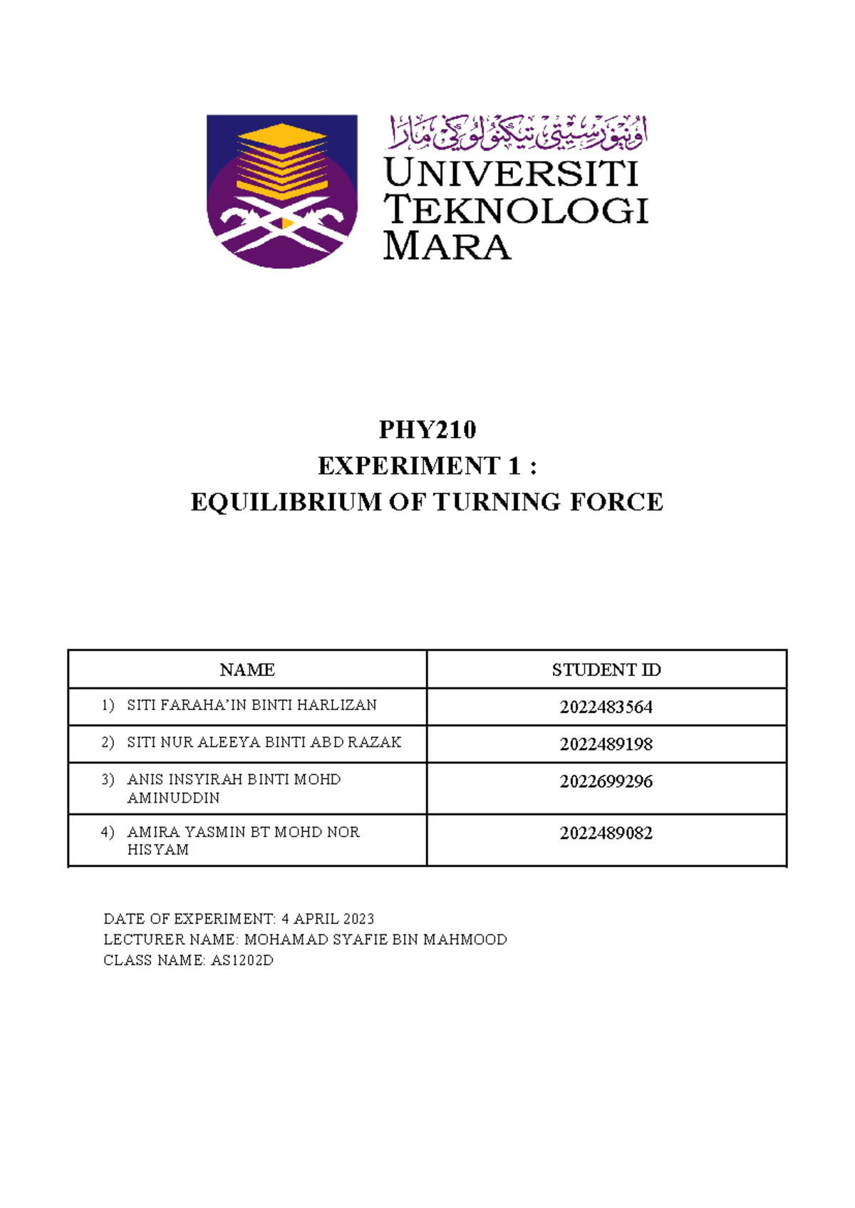 equilibrium of turning force experiment