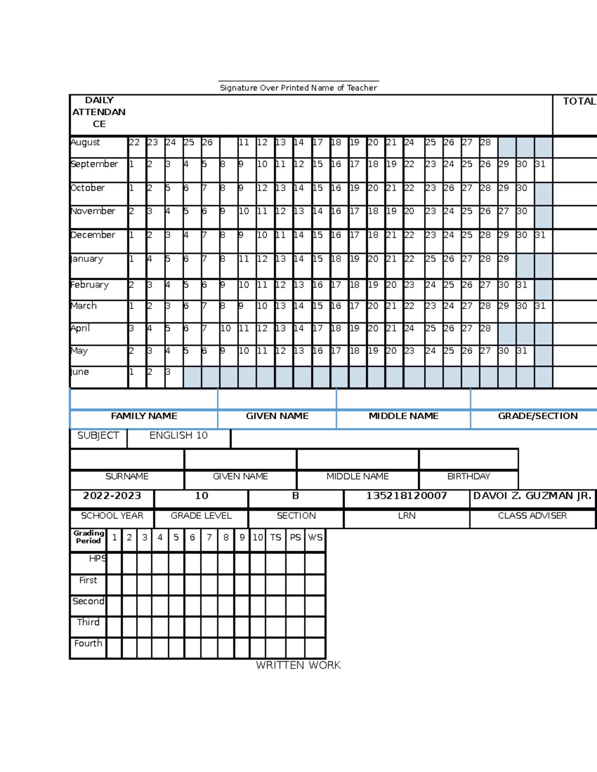 Learners Class Card For K 10 V3 Signature Over Printed Name 9359