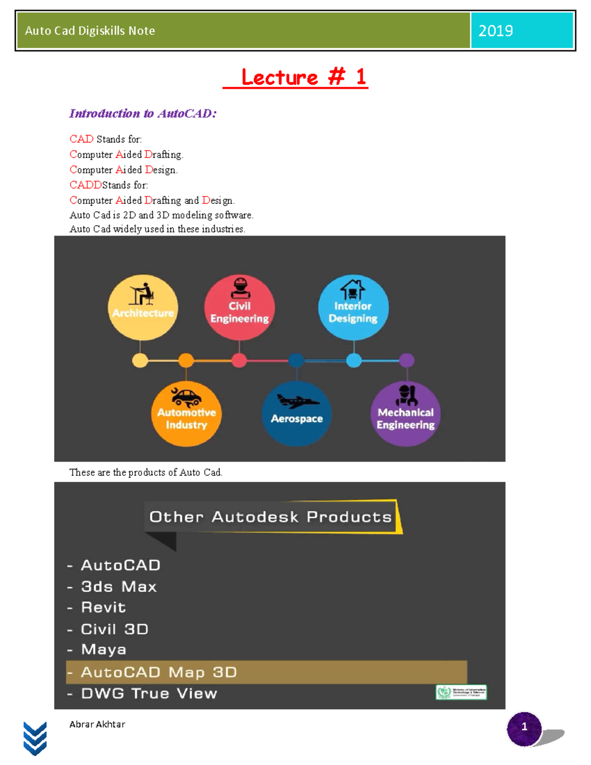 Auto Cad DG Skill - 201A Abrar Akhtar Lecture # 1 Introduction to ...