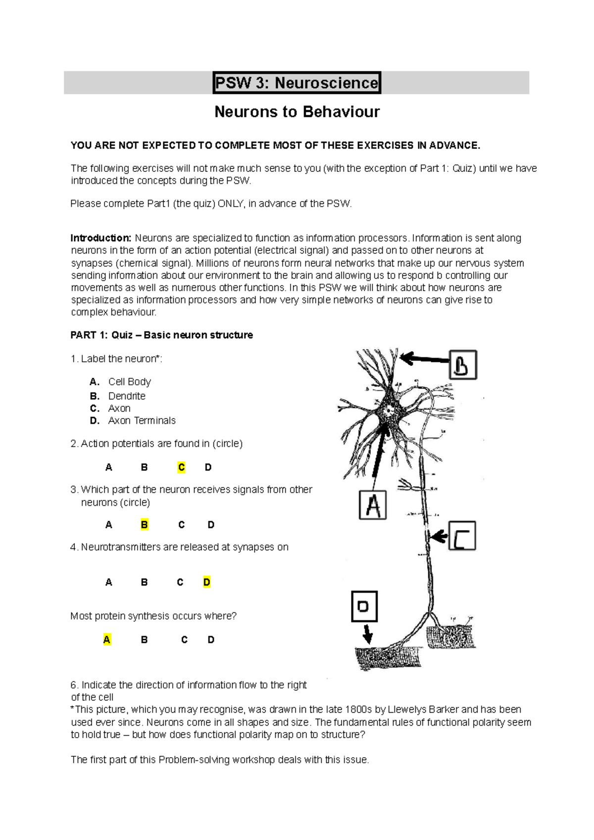 PSW 3 - PSW 3: Neuroscience Neurons to Behaviour YOU ARE NOT EXPECTED ...