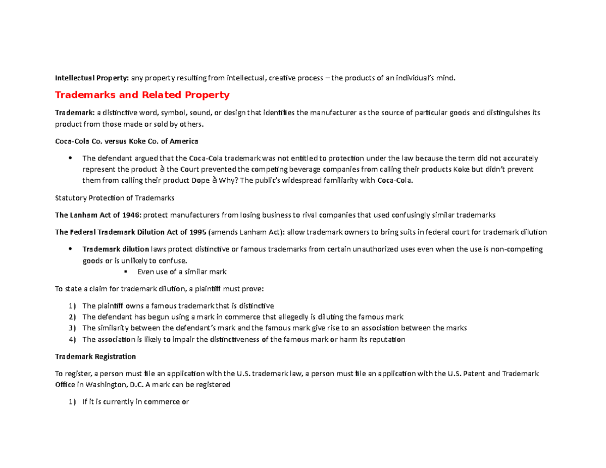 Chapter 5 Intellectual Property Intellectual Property any property
