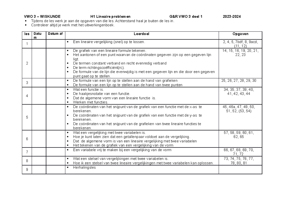 01 planner H1 3AG 2023-2024 - VWO 3 – WISKUNDE H1 Lineaire problemen G