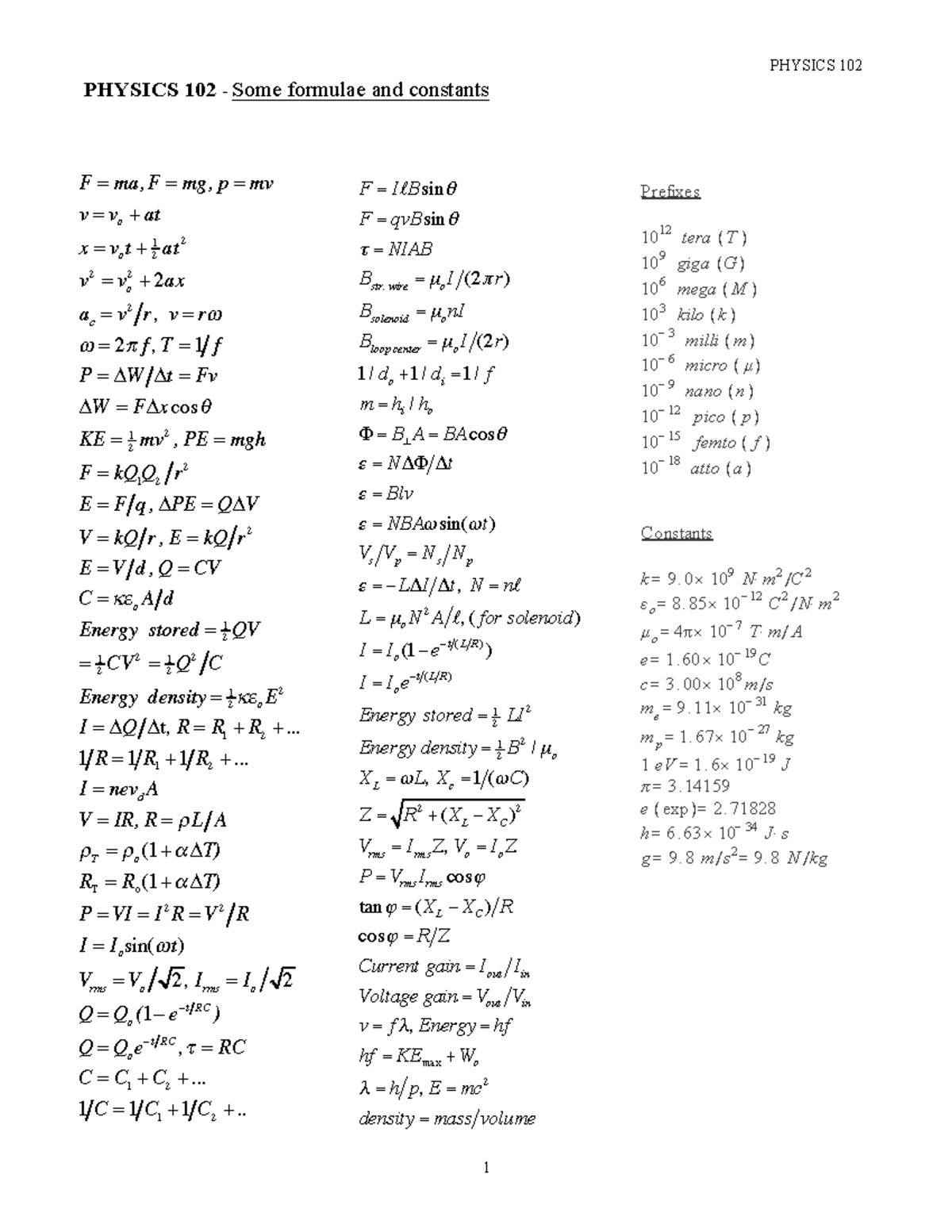 Formula sheet PHYSICS 102 1 PHYSICS 102 Some formulae and constants