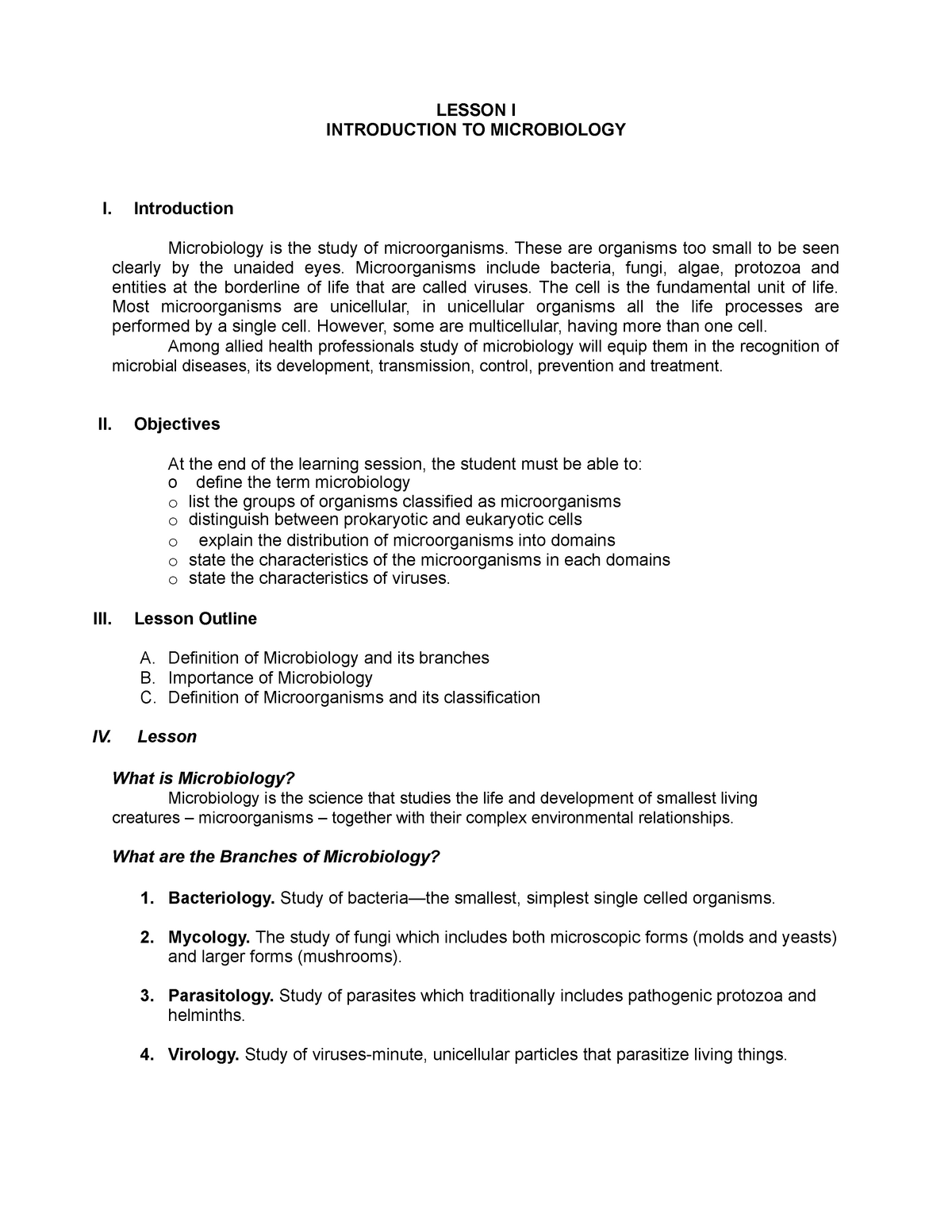 Microbiology - Lecture Notes 1 - LESSON I INTRODUCTION TO MICROBIOLOGY ...