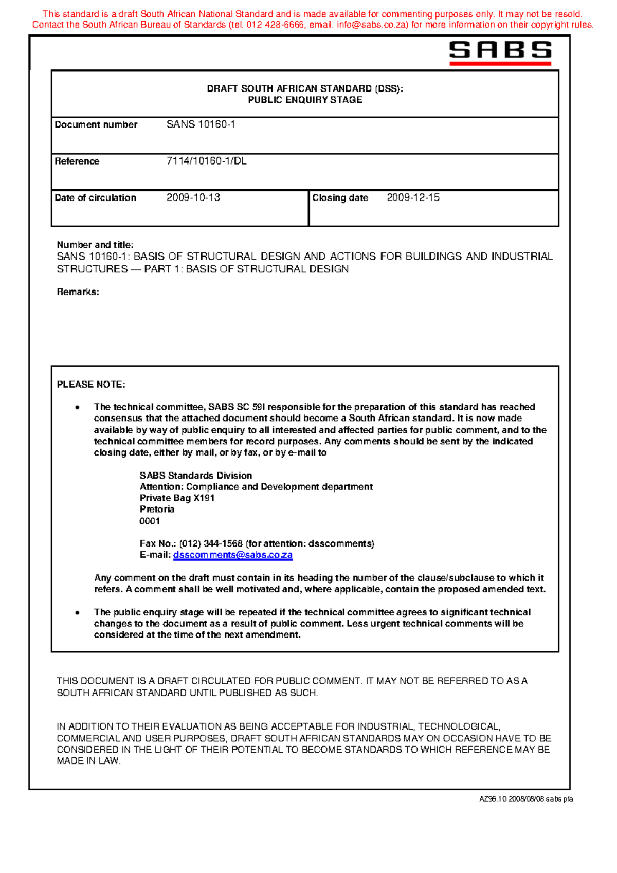 SANS10160 1 and 2 (2009 ) - DRAFT SOUTH AFRICAN STANDARD (DSS): PUBLIC ...