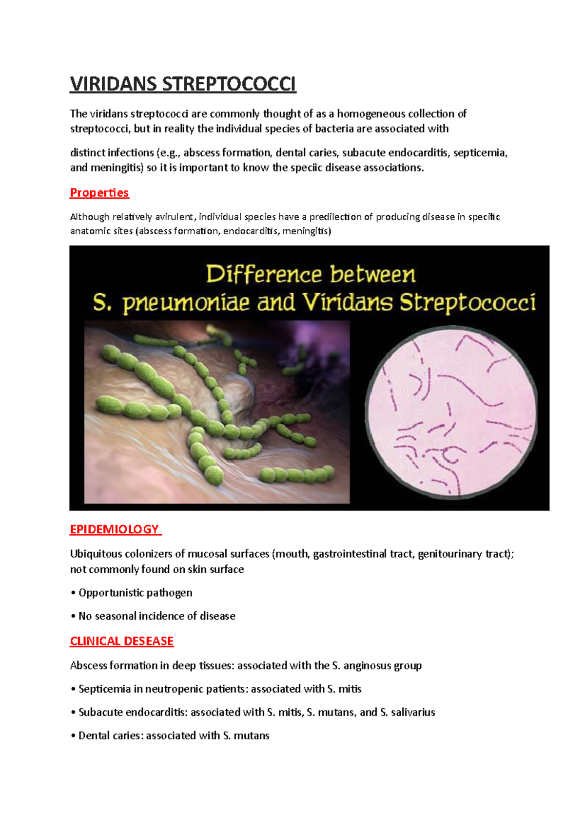 Viridans Streptococci , abscess formation, dental caries, subacute endocarditis, septicemia