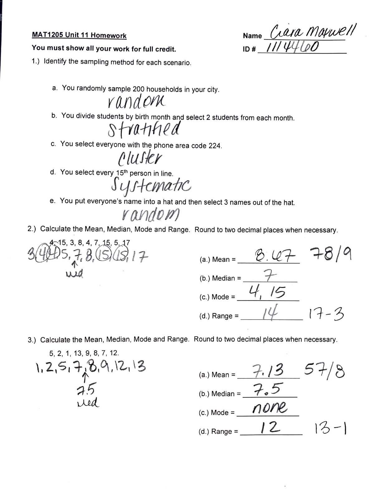 Mat1205wk11hw - week 11 homework - MAT1205 Unit 11 Homework You must ...