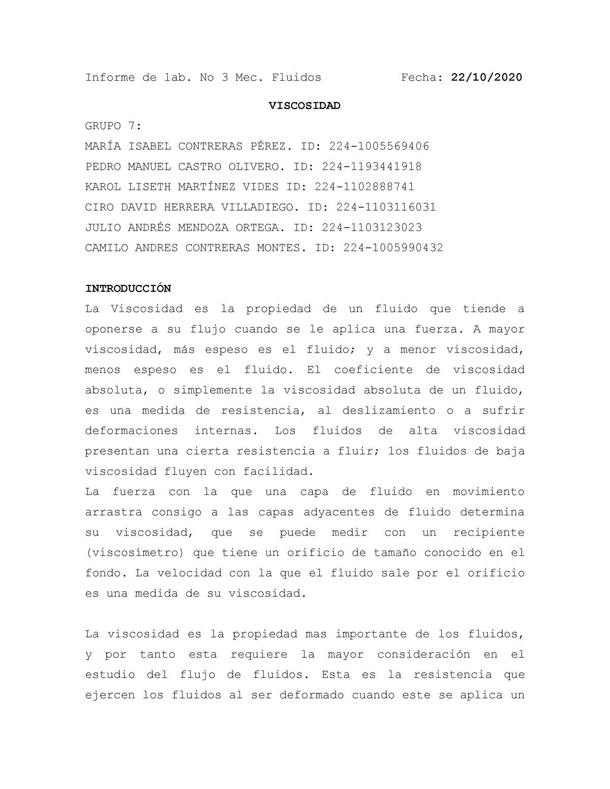 Informe De Viscosidad - Nota: 9,6 - Informe De Lab. No 3 Mec. Fluidos ...