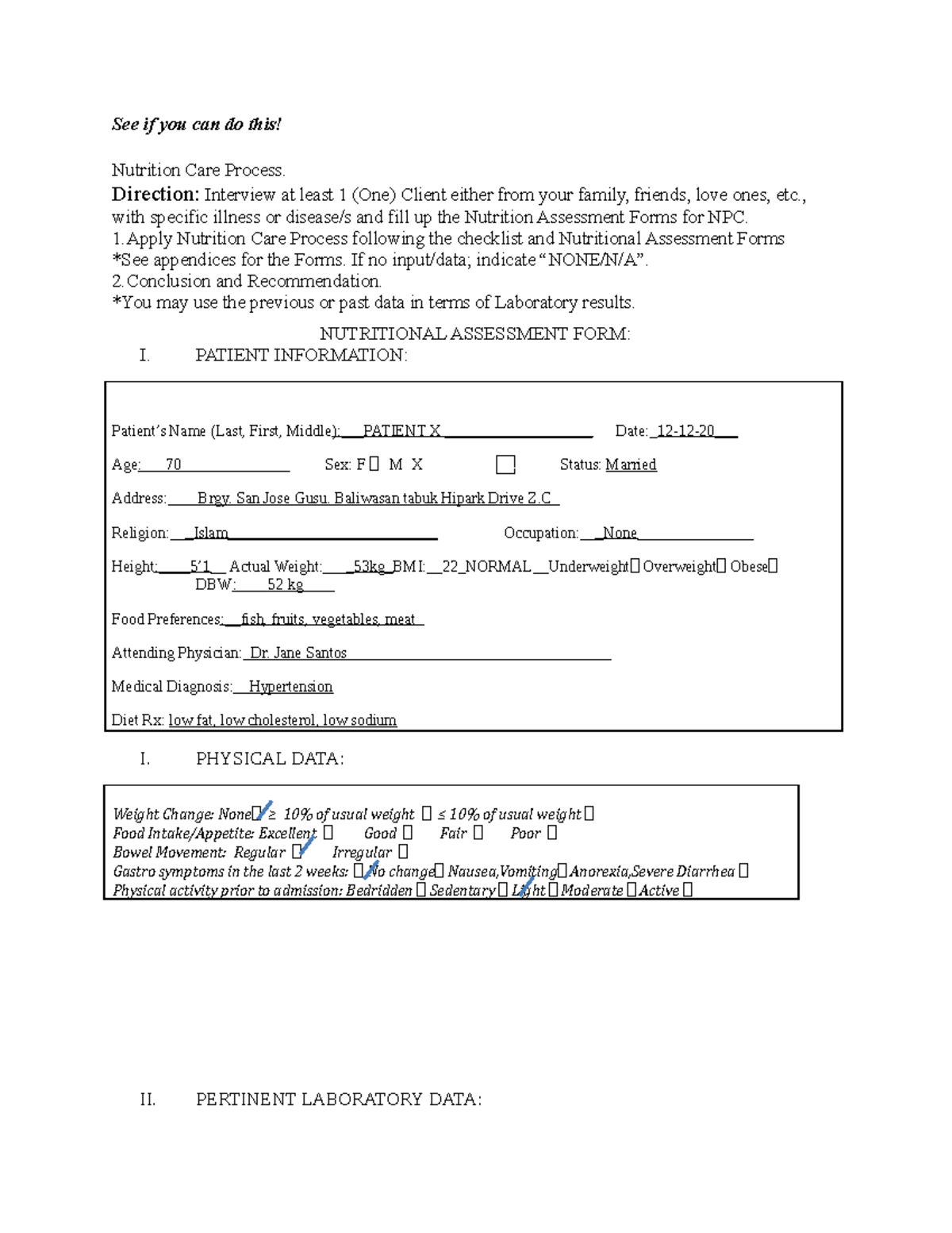 Nutritional Assessment FORM ( Activity) See if you can do this