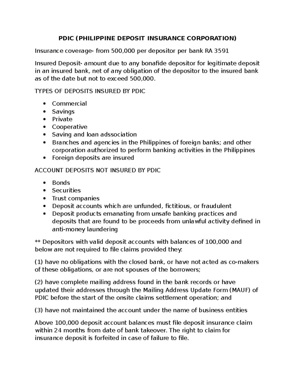 PDIC and BANK Secrecy LAW PDIC (PHILIPPINE DEPOSIT INSURANCE