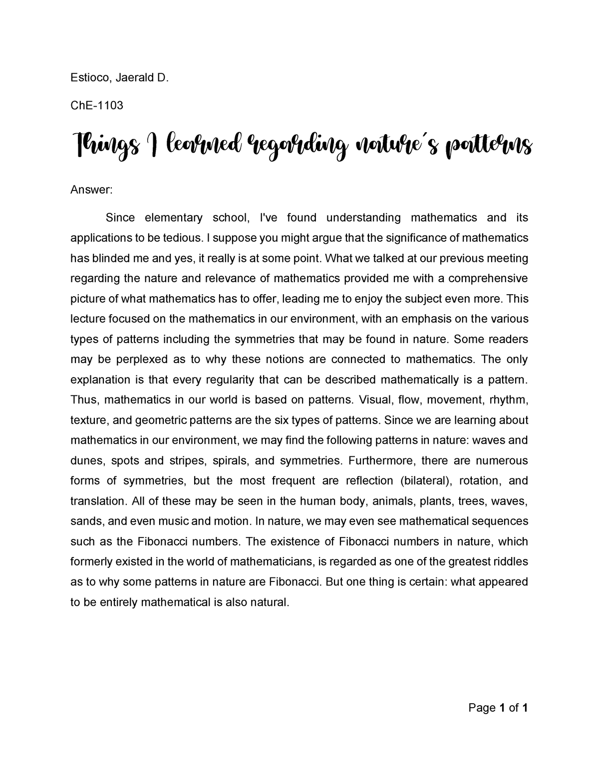 reflection about nature essay