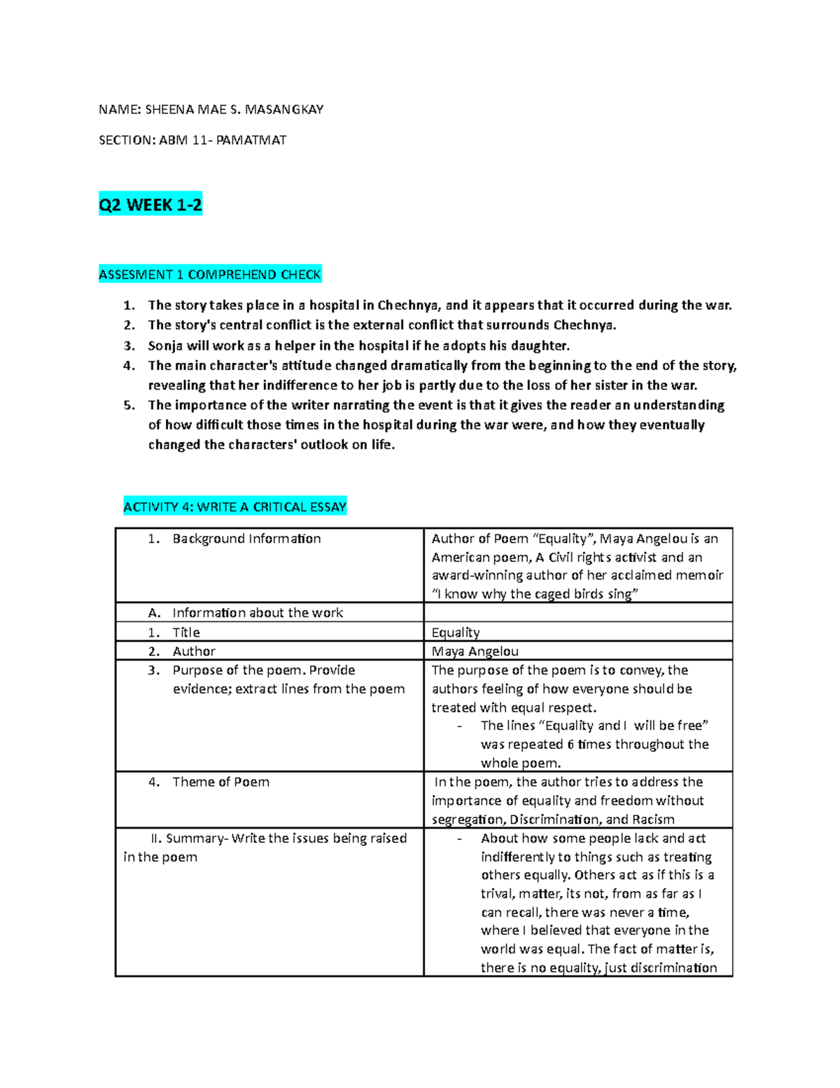 critical essay about the poem equality by maya angelou